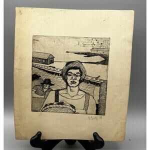 Art Pen and Ink Washer Woman 2 Men Background Signed Pencil 6 x 6 /10x8.75 Ins.